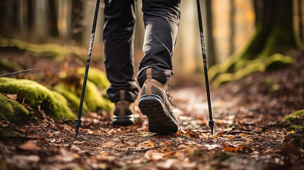 Closeup of legs of person in hiking shoes walking in the forest using hiking stick