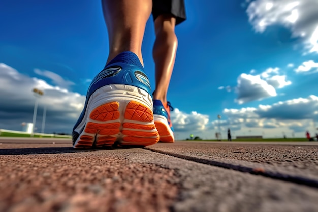 A closeup of the legs of a running man