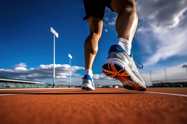 A closeup of the legs of a running man