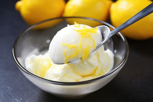 A closeup of a lemon sorbet scoop