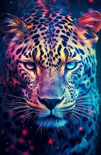 Крупный план лица леопарда с неоновым светом, светящимся фоном, фэнтези-арт
