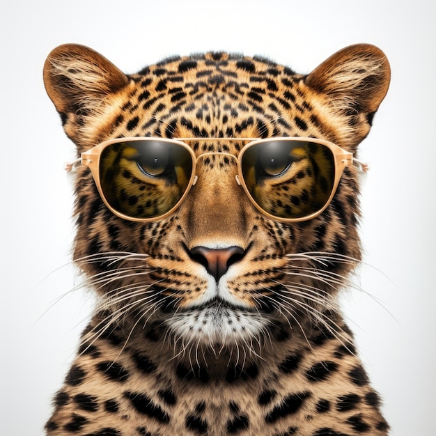 Closeup of Leopard with sunglasses on white background