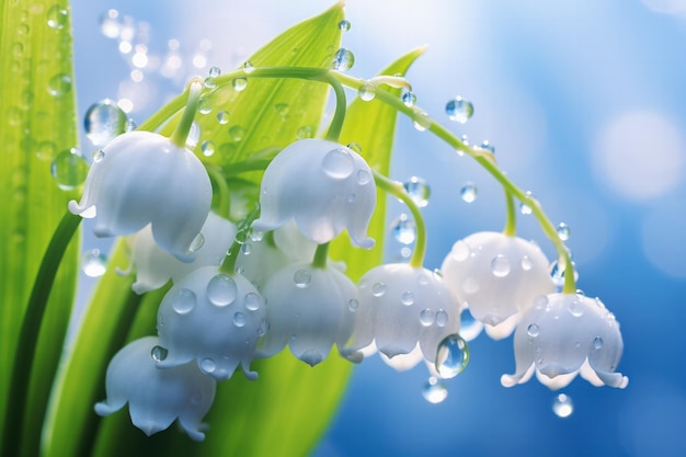 Closeup of lily of the valley Convallaria flowers with dewdrops Soft pale blue background