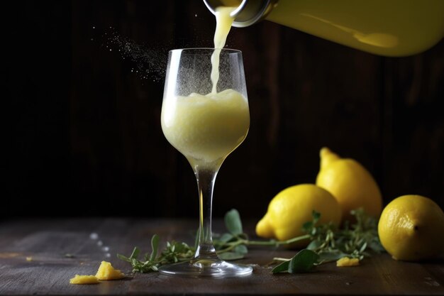 Closeup of limoncello pouring into a frosty glass created with generative ai