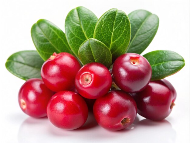 CloseUp Of lingonberry and green leaves isolated on white Background top view Super Food Concept