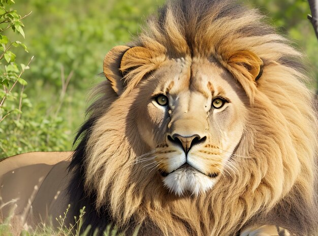 closeup of a lion face in a nature background