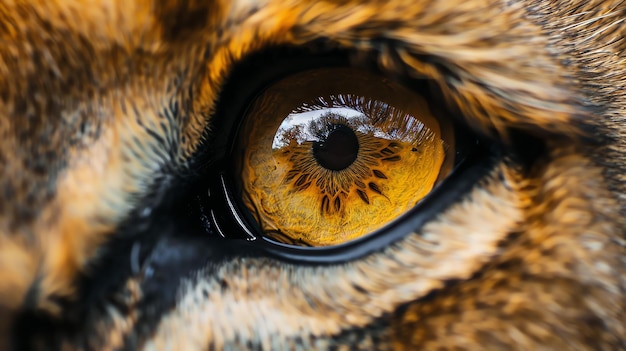 Photo a closeup of a lions eye with the reflection of a tree in the pupil