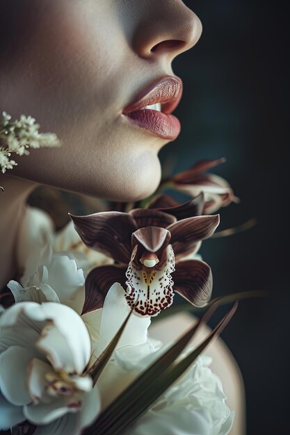 Foto close-up di labbra con orchidee una fusione di bellezza e natura