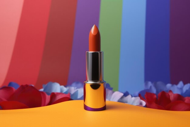 Closeup of lipstick tube on colorful background created with generative ai