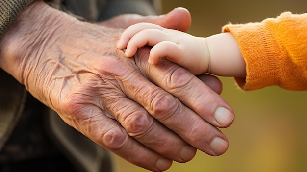 Closeup little baby holding an elderly man's hand