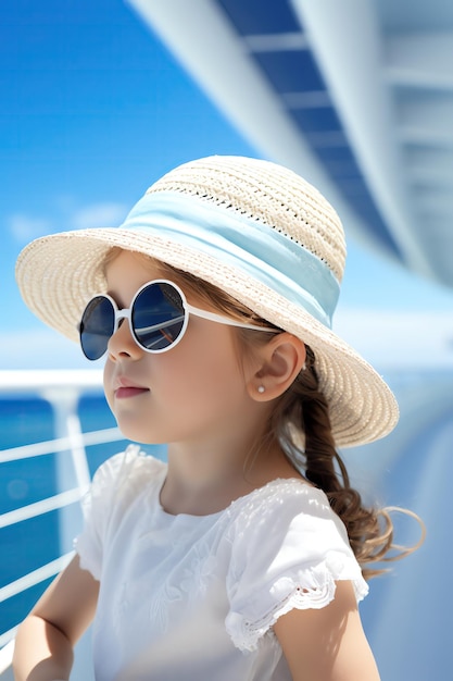 Closeup of a little girl wearing sunglasses and a sunhat looking out over the railing of a cruise ship with the expansive ocean and clear blue sky as her backdrop