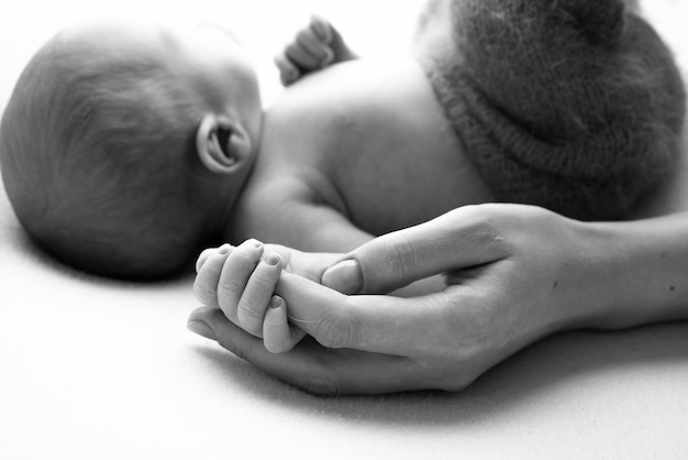 아기의 작은 손과 어머니와 아버지의 손바닥을 닫은 신생아는 출생 후 부모의 손가락을 단단히 잡고 있습니다. 신생아는 mom39s dad39s 손가락을 잡고 있습니다. 흑백 사진