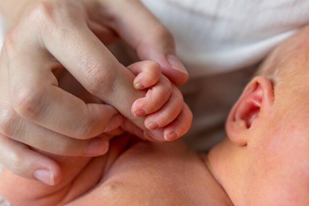 Foto primo piano piccola mano del bambino e palmo della madre e del padre il neonato ha una presa salda sul