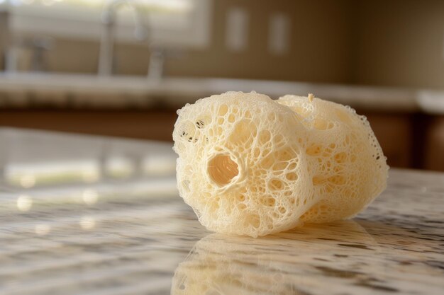 Closeup of loofah on marble bathroom counter