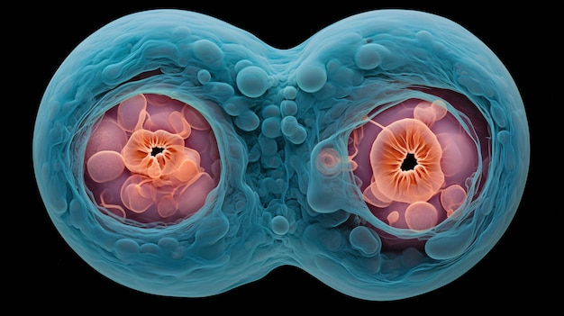 微鏡を通して二細胞胚のミトーシスを近づいて見る