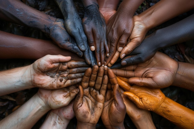 Closeup of a lot of hands of people of different races The concept of friendship and internationalism