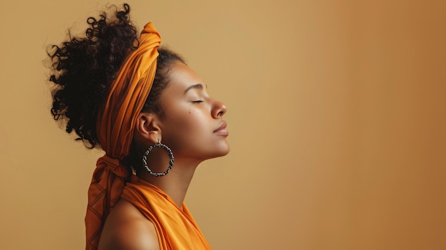 Closeup of a lovely girl with a silk scarf on her shoulders standing against cream background