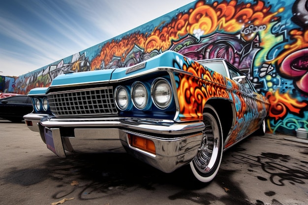 A closeup of a lowrider parked in front of a graffitied wall