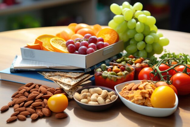 Closeup of a lunchbox with healthy snacks placed beside textbooks