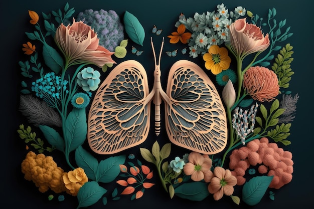 Closeup of lung surrounded by blooming flowers and butterflies created with generative ai