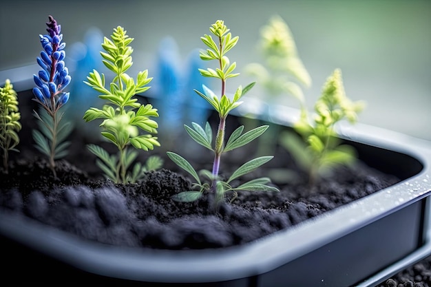A closeup of lupin seedlings growing in a modular tray of soil Bio intensive greenhouse