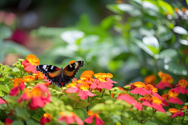 Closeup of lush and colorful garden with butterfly perched on a bloom