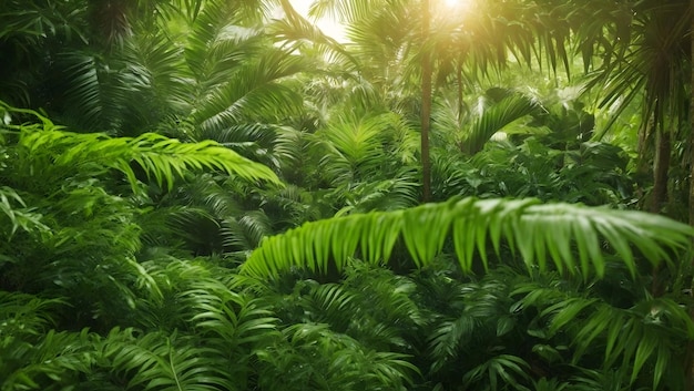 closeup of lush green tropical vegetation jungle with palm leaves in sunshine