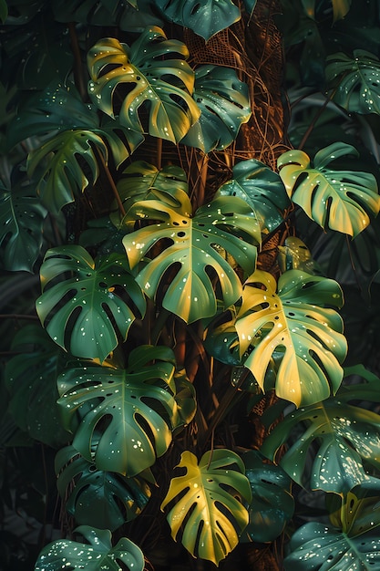 密集したジャングルの暗の中で豊富な葉っぱを生やしている茂った熱帯植物のクローズアップ