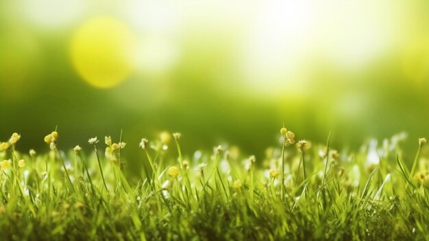 Closeup of lush uncut green grass with drops of dew in soft morning light