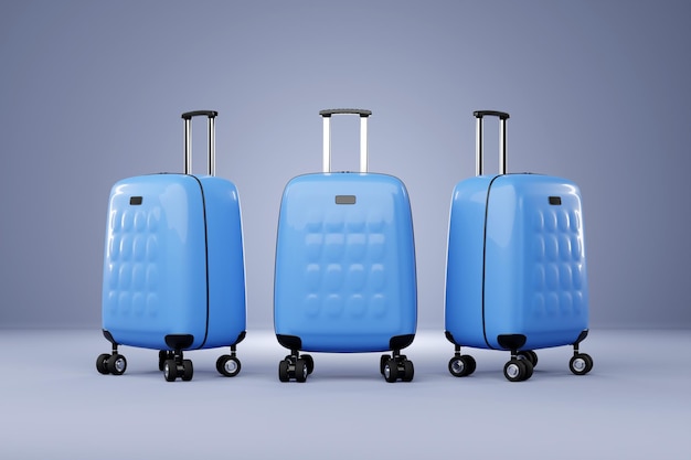 Крупный план роскошных и элегантных синих чемоданов на синем фоне Путешествия, отпуск, отпуск, концепция, 3d иллюстрация
