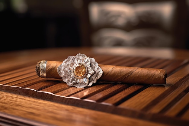 Крупный план роскошной сигары на деревянном столе, созданный с помощью генеративного ИИ