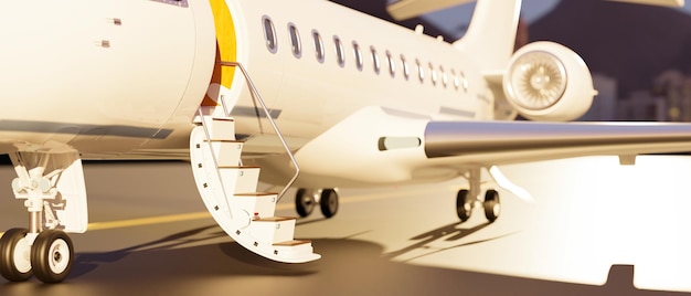 Closeup Luxury private jet parked on the ground Luxury transportation 3d rendering