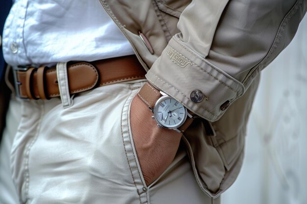 Photo closeup luxury watch on mans wrist with business attire