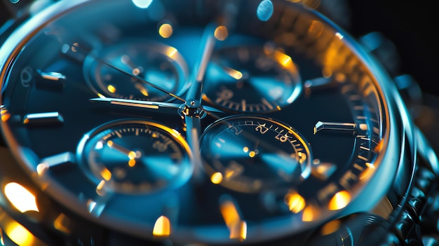 Foto un primo piano di un orologio da braccio di lusso con un quadrante blu e oro l'orologio è in acciaio inossidabile e ha una cornice d'argento