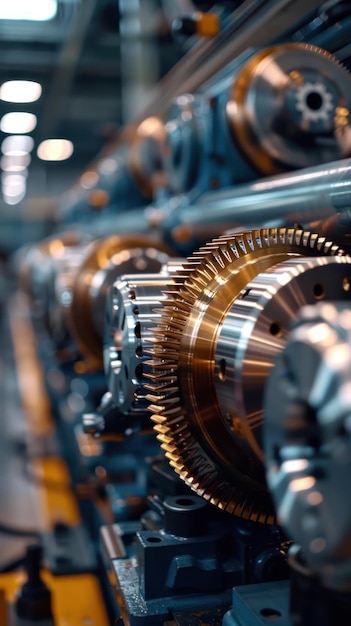 Photo closeup of machine gears in factory