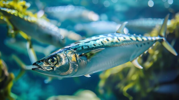 A closeup of a mackerel fish swimming in a blue ocean The fish is in focus while the background is blurred