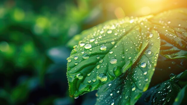 Closeup macro image showcasing large dew or raindrops on a lush green leaf capturing