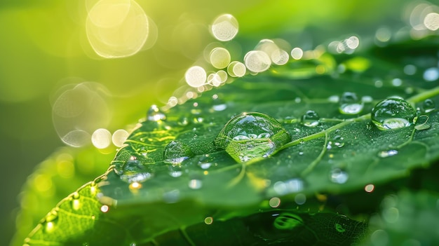 緑色の葉に大きな露や雨滴を映すクローズアップマクロ画像
