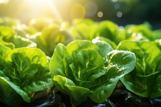 Closeup macro lettuce grown in greenhouse with drip irrigation hose system