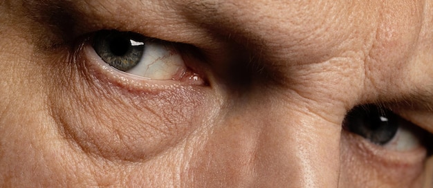 Closeup macro photo of the eyes of a middleaged man Intense look wrinkles around the eyes