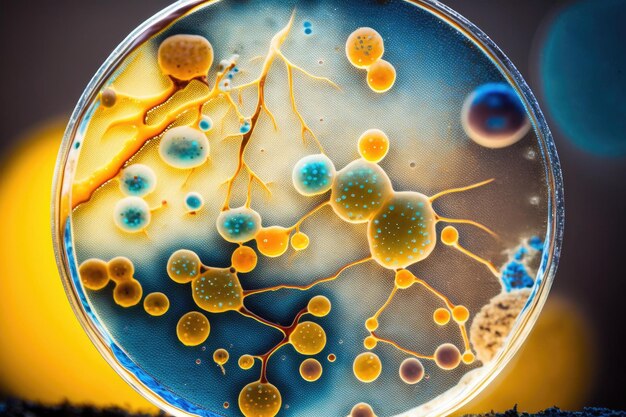 Closeup macro shot of bacteria in laboratory petri dish by generative ai