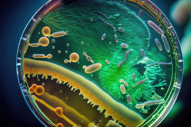 Крупный план макросъемки бактерий в лабораторной чашке Петри с помощью генеративного ИИ