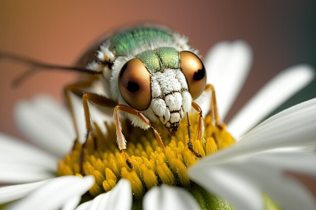 A closeup macro shot of an insect pollinating a daisy flower with a blurred background