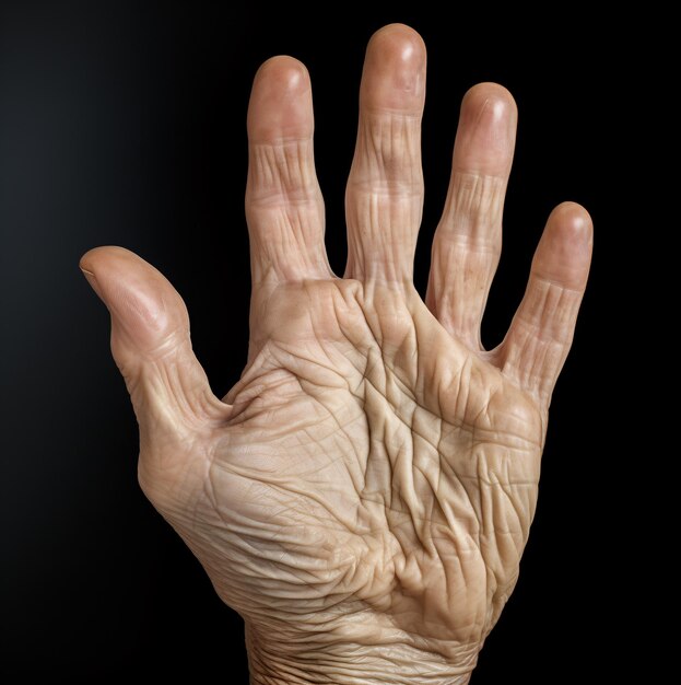 A closeup macro shot of the skin texture of a human hand with wrinkles is shown