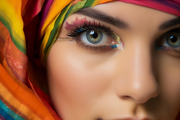 다채로운 무지개 패턴의 메이크업으로 여성 얼굴의 클로즈업 매크로 