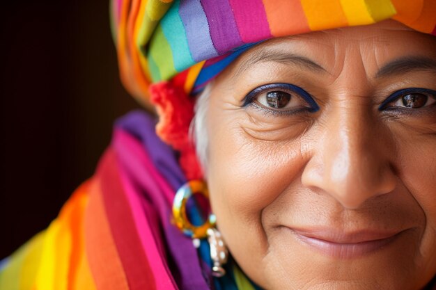 Closeup macro shot of woman face with colorful rainbow pattern makeup