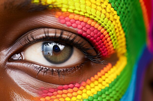 Foto scatto macro di primo piano del viso di una donna con trucco a disegno arcobaleno colorato