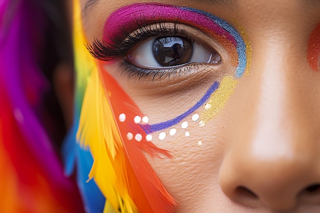 Closeup macro shot of woman face with colorful rainbow pattern makeup