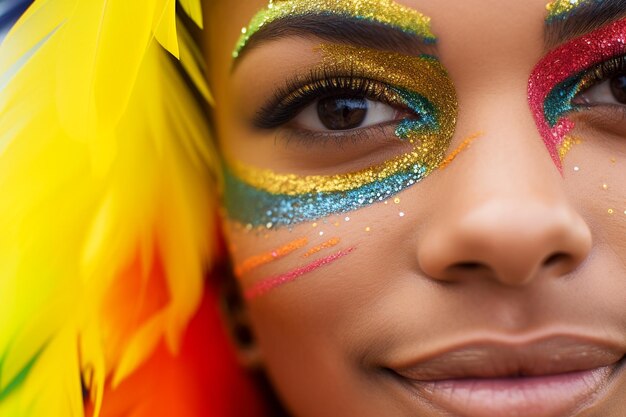 Closeup macro shot of woman face with colorful rainbow pattern makeup