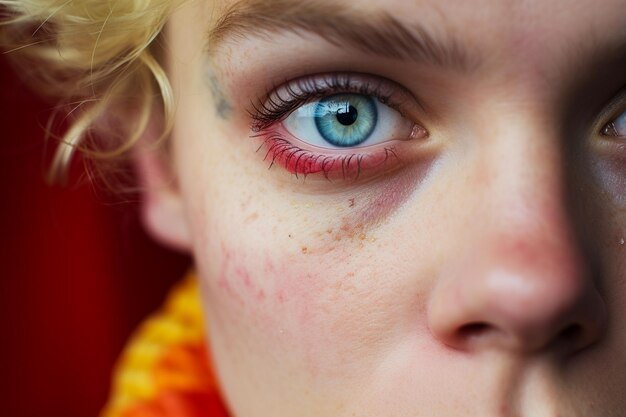 Foto scatto macro di primo piano del viso di una donna con trucco a disegno arcobaleno colorato